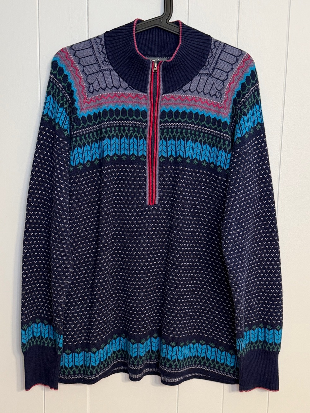 Eddie Bauer Navy Fair Isle Nordic Quarter Zip Sweater XL